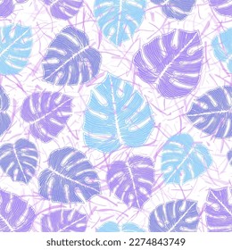 Philodendron gestreiftes Blattwerk botanischer Wiederholungsrapport auf lautem Hintergrund. Abstraktes Stoffschablone Sommerdesign. Die Naturmonstera geht. Paradise Packpapier.