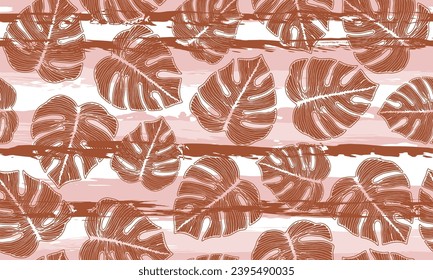Philodendron striped foliage floral repeat pattern over stripes background. Cute wallpaper template vector design. Nature philodendron leaves. Jungle backdrop.