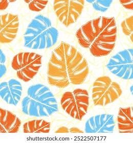 Philodendron striped foliage floral repeat rapport over noisy background. Cute fabric template vector design. Houseplant ceriman leaves. Exotic background.
