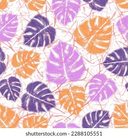Philodendron striped leaves botanical repeat ornament over noisy background. Elegant fabric print summer design. Houseplant monstera foliage. Botanical backdrop.