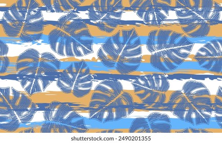 Philodendron striped leaves botanical repeat ornament over stripes background. Cute fabric sample graphic design. Rainforest monstera foliage. Botanical wrapping paper.