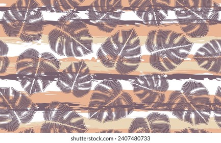 Philodendron striped leaves floral seamless pattern over stripes background. Grunge fabric template vector design. Houseplant monstera foliage. Jungle wrapping paper.