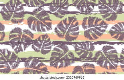 Philodendron tropical foliage floral repeat rapport over stripes background. Trendy wallpaper swatch graphic design. Fresh ceriman leaves. Exotic background.