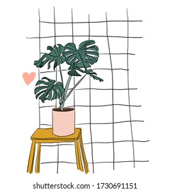 philodendron vector illustration. hand drawn sketch of house potted plant. 