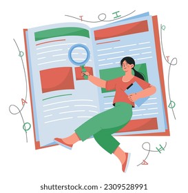 Philologist with book. Woman with magnifying glass studies text of textbook or fiction. Specialist conducts scientific research. Girl studying language structure. Cartoon flat vector illustration