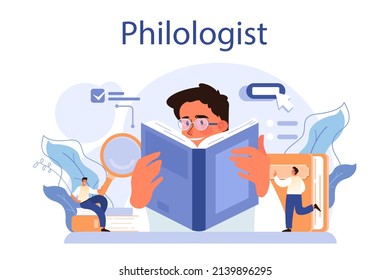 Philologist concept. Scientific study of language, its history and development. Professional scientist studying a language structure. Philology and translation. Flat vector illustration