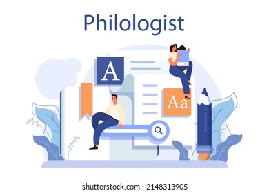 Philologist concept. Scientific study of language, its history and development. Professional scientist studying a language structure. Philology and translation. Flat vector illustration