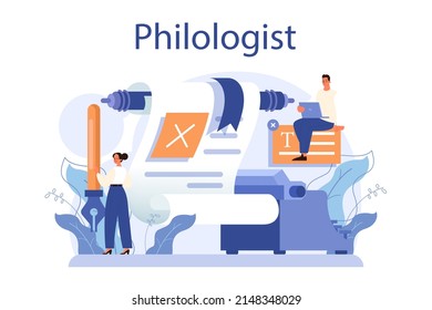 Philologist concept. Scientific study of language, its history and development. Professional scientist studying a language structure. Philology and translation. Flat vector illustration