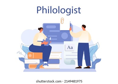 Philologist concept. Scientific study of language, its history and development. Professional scientist studying a language structure. Philology and translation. Flat vector illustration