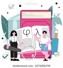 Philologist concept. Scientific study of language, its history and development. Professional scientist studying a language structure. Philology and translation. Flat vector illustration