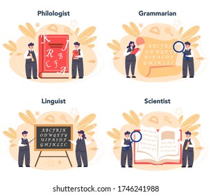 Konzept-Set für Philologen. Professioneller Wissenschaftler, der eine Sprachstruktur studiert. Philologie und Übersetzung. Einzelne Vektorgrafik