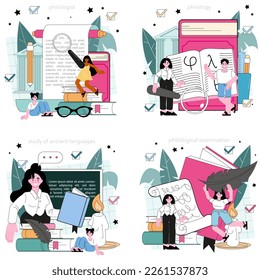 Philologist concept set. Scientific study of language, its history and development. Professional scientist studying a language structure. Philology and translation. Flat vector illustration