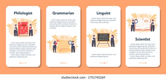 Philologist mobile application banner set. Professional scientist studying a language structure. Philology and translation. Isolated vector illustration