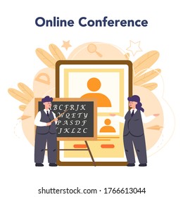 Philologist online service or platform. Professional scientist studying a language structure. Online conference. Isolated vector illustration