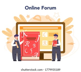 Philologist online service or platform. Professional scientist studying a language structure. Online forum. Isolated vector illustration