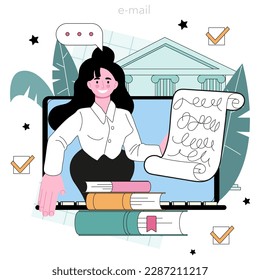 Philologist online service or platform. Scientific study of language, its history and development. Studying a language structure. E-mail. Flat vector illustration