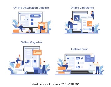 Philologist online service or platform set. Scientific study of language, its history and structure development. Online forum, magazine, conference, dessertation defense. Flat vector illustration