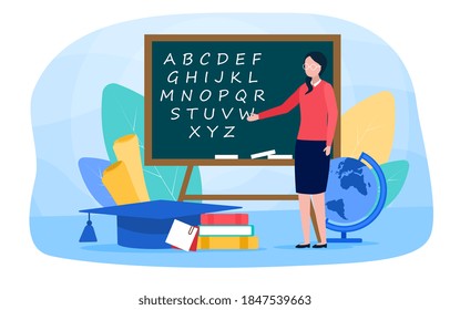 Philologist web banner or landing page. Professional scientist studying a language alphabet. Philology and translation. Cartoon flat vector illustration with fictional character