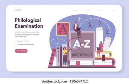 Philologist web banner or landing page. Professional scientist studying a language structure. Philology and translation. Isolated vector illustration