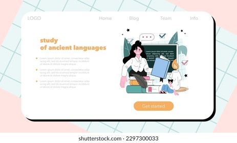 Philologist web banner or landing page. Scientific study of language, its history and development. Professional scientist studying a language structure. Flat vector illustration