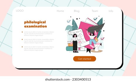 Philologist web banner or landing page. Scientific study of language, its history and development. Professional scientist studying a language structure. Flat vector illustration