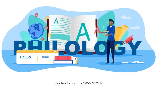 Philology abstract concept. Professional scientist philologist studying a language structure. Flat cartoon vector illustration with fictional character. Website, webpage or landing page template.