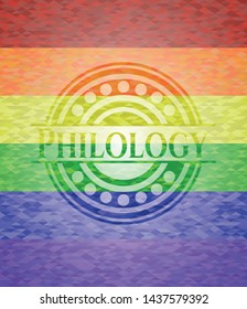 Philology emblem on mosaic background with the colors of the LGBT flag