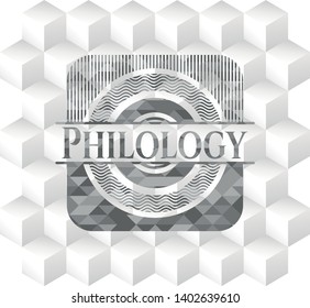 Philology grey emblem. Retro with geometric cube white background