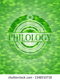 Philology realistic green emblem. Mosaic background