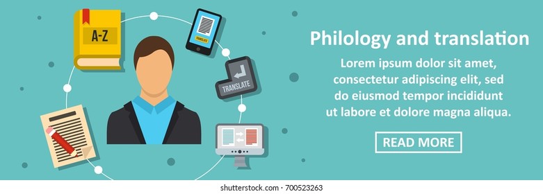 Philology and translation banner horizontal concept. Flat illustration of philology and translation banner horizontal vector concept for web