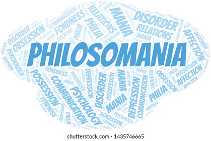 Philosomania word cloud. Type of mania, made with text only.