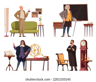 Philosopher 2x2 design concept with michel foucault jean jacques rousseau friedrich nietzsche rene descartes characters flat vector illustration