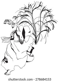 Philosopher meditating under trees. An hand drawn vector illustration from the series: Art of Line Art. Technique: Digital drawing.
