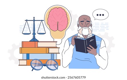 Philosopher reading book. Elderly man with textbook in hands. Knowledge and information, wisdom. Philosophy and thinking. Education and training. Linear vector illustration