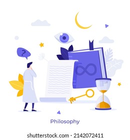 Philosopher or researcher looking at manuscript, book, key, hourglass eye of providence. Concept of philosophy, ontology, human knowledge and cognition. Modern flat vector illustration for banner.