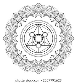 Philosopher stone  in mandala. Sacred geometry zentangle style illustration. Ornamental line art tarot deck design. Romantic esoteric vector art.