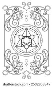Philosopher stone sacred geometry art nouveau style illustration. Tarot deck design. Romantic esoteric vector art.
