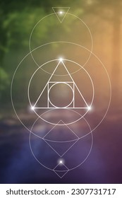 Philosopher stone. Sacred geometry inspired futuristic illustration with interlocking circles, triangles and rectangles. Science and technology background. Math inspired geometric background. 