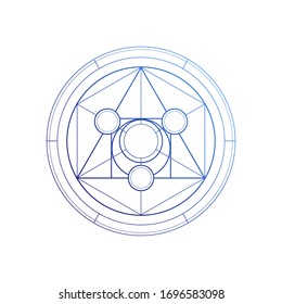 Philosopher stone sacred geometry new age futuristic illustration. Spiritual alchemy symbol with transmutation interlocking circles and triangles on white.