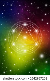 Philosopher stone sacred geometry spiritual new age futuristic illustration with transmutation interlocking circles, triangles and glowing particles in front of cosmic background