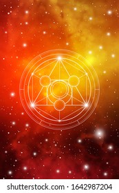 Philosopher stone sacred geometry spiritual new age futuristic illustration with transmutation interlocking circles, triangles and glowing particles in front of cosmic background