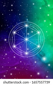 Philosopher stone sacred geometry spiritual new age futuristic illustration with transmutation interlocking circles, triangles and glowing particles in front of cosmic background