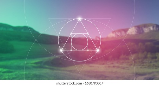 Philosopher stone sacred geometry spiritual new age futuristic illustration with transmutation interlocking circles, triangles and glowing particles in front of blurred natural background.