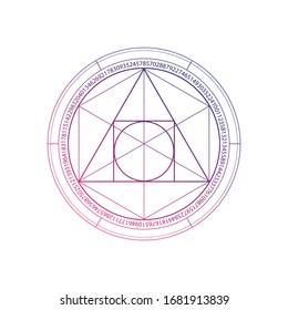 
Geometría sagrada de piedra filosofal nueva era espiritual ilustración futurista con transmutación de círculos entrelazados y triángulos sobre blanco.