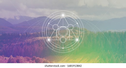 Philosopher stone sacred geometry spiritual new age futuristic illustration with transmutation interlocking circles, triangles and glowing particles in front of blurred natural background.