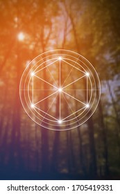 Philosopher stone sacred geometry spiritual new age futuristic illustration with transmutation interlocking circles, triangles and glowing particles in front of blurred natural background.