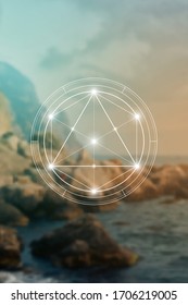 Philosopher stone sacred geometry spiritual new age futuristic illustration with transmutation interlocking circles, triangles and glowing particles in front of blurred natural background.