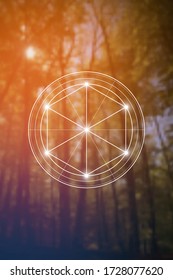 Philosopher stone sacred geometry spiritual new age futuristic illustration with transmutation interlocking circles, triangles and glowing particles in front of blurred natural background.