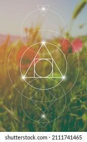 Philosopher stone sacred geometry spiritual new age futuristic illustration with transmutation interlocking circles, triangles and glowing particles in front of blurred natural background.