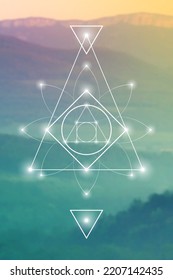 Philosopher stone. Sacred geometry spiritual new age futuristic illustration with transmutation interlocking circles, triangles and glowing particles